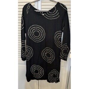 90s Dragonfly Import Black & White Print Rayon Boho Lagenlook Shift Dress M